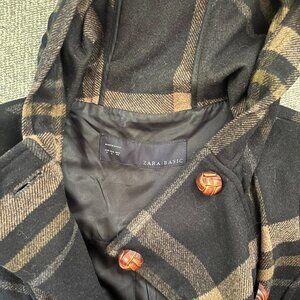 ZARA Hooded Navy & Brown Plaid Cape Coat